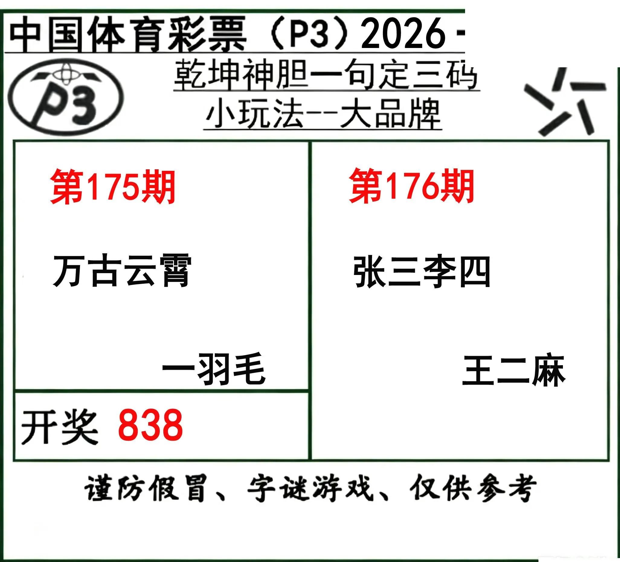 乾坤一句定三码26年176期P3图谜
